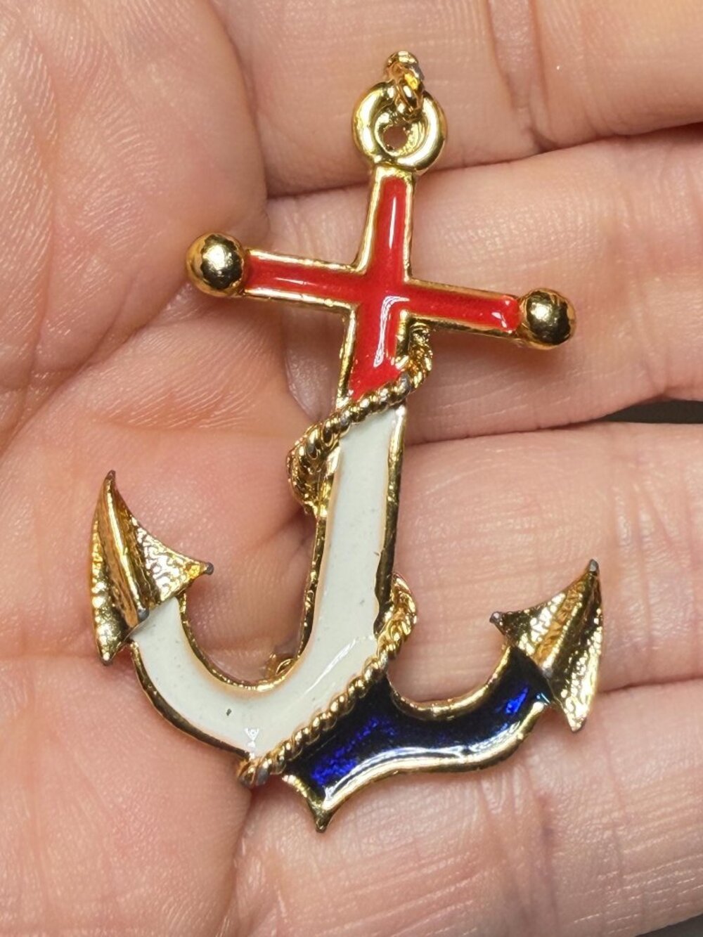 Vintage Anchor Brooch Red White Blue Enamel Nautical Pin